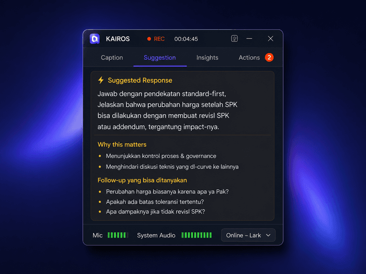 Kaimo memberikan suggested answer untuk pertanyaan pelanggan